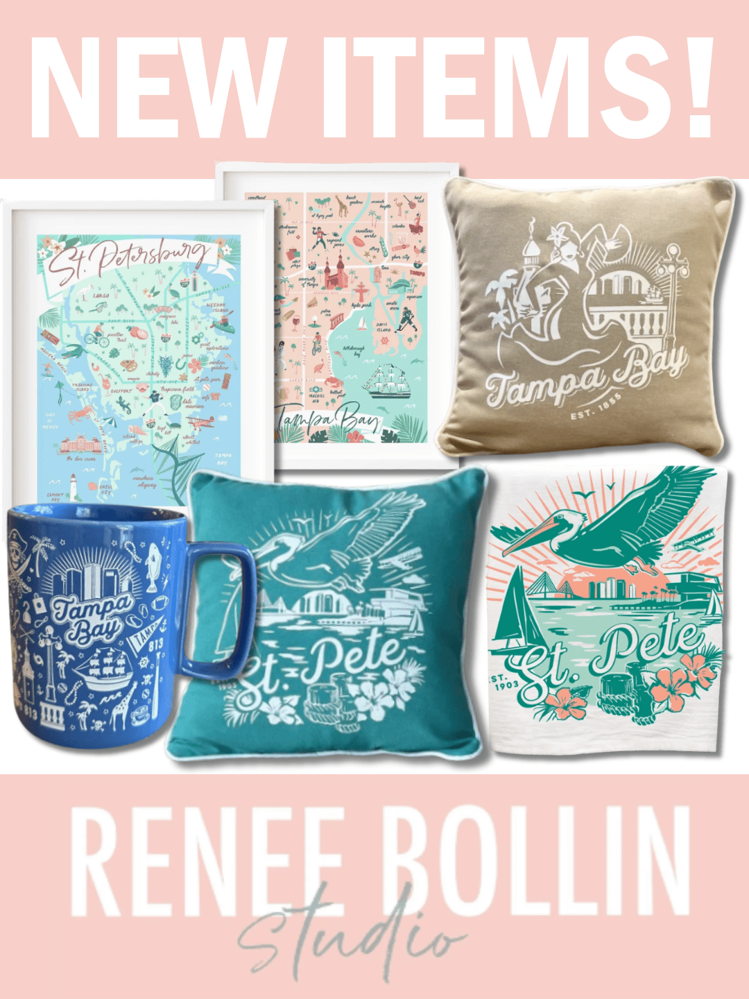 New items at the FloridaRAMA Gift Shop from Renee Bollin Studio featuring colorful maps, pillows, and a mug with Tampa Bay and St. Pete designs.