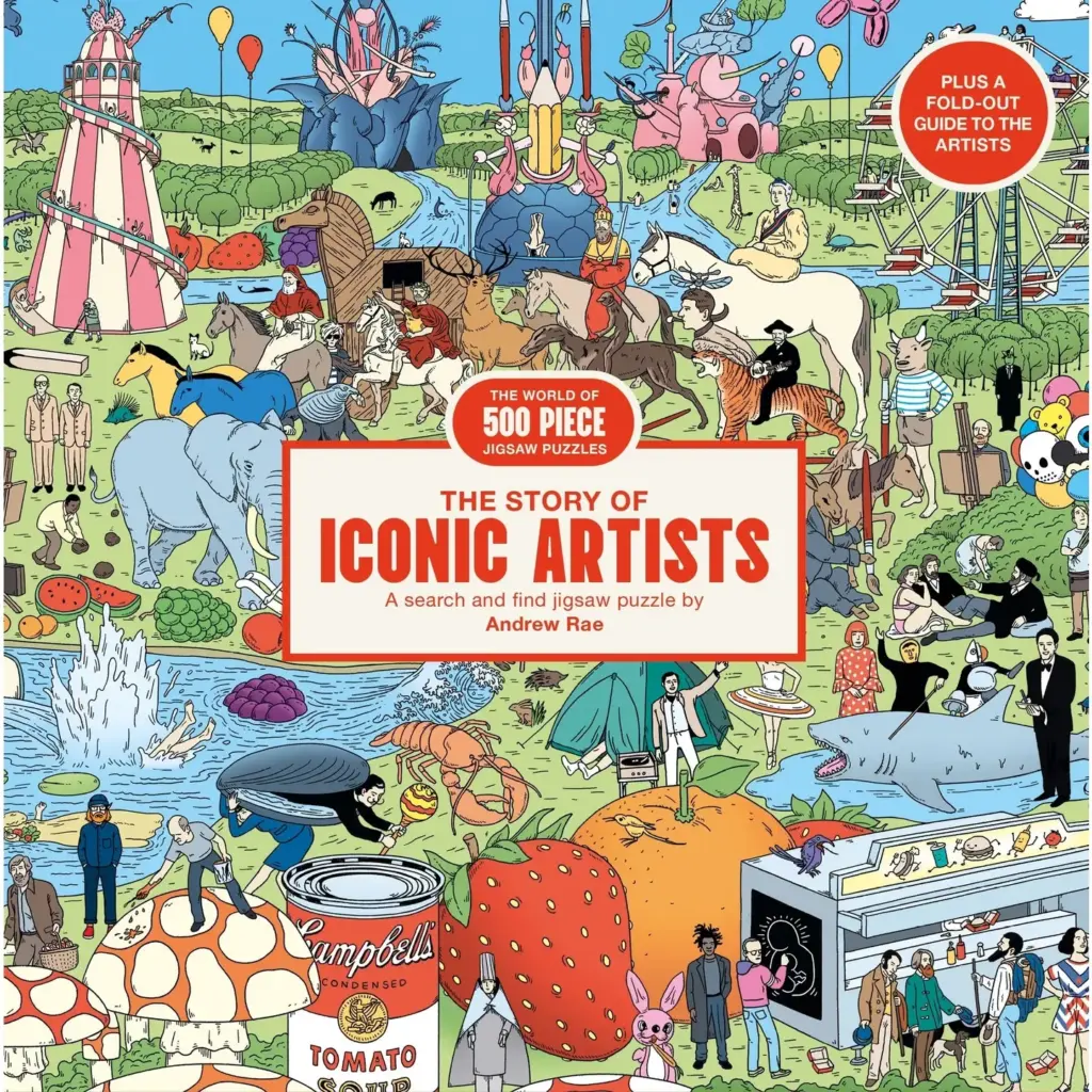 Piece together the pop art universe in this The Story of Iconic Artists, depicting the madcap world of art from Botticelli's Birth of Venus to Damien Hirst's diamond-encrusted skull.