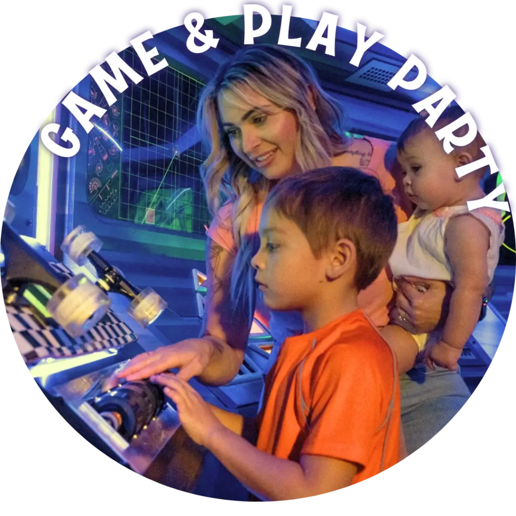 Game & Play Party: A woman and children interact with a glowing, futuristic exhibit