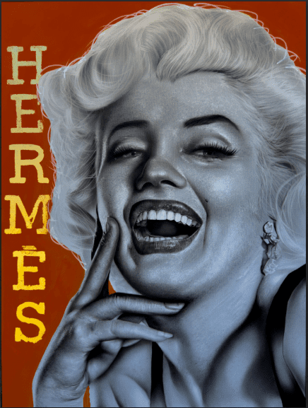 Blue-toned pop art portrait of Marilyn Monroe laughing against a red background with vertical yellow text HERMES by Michael Vahl