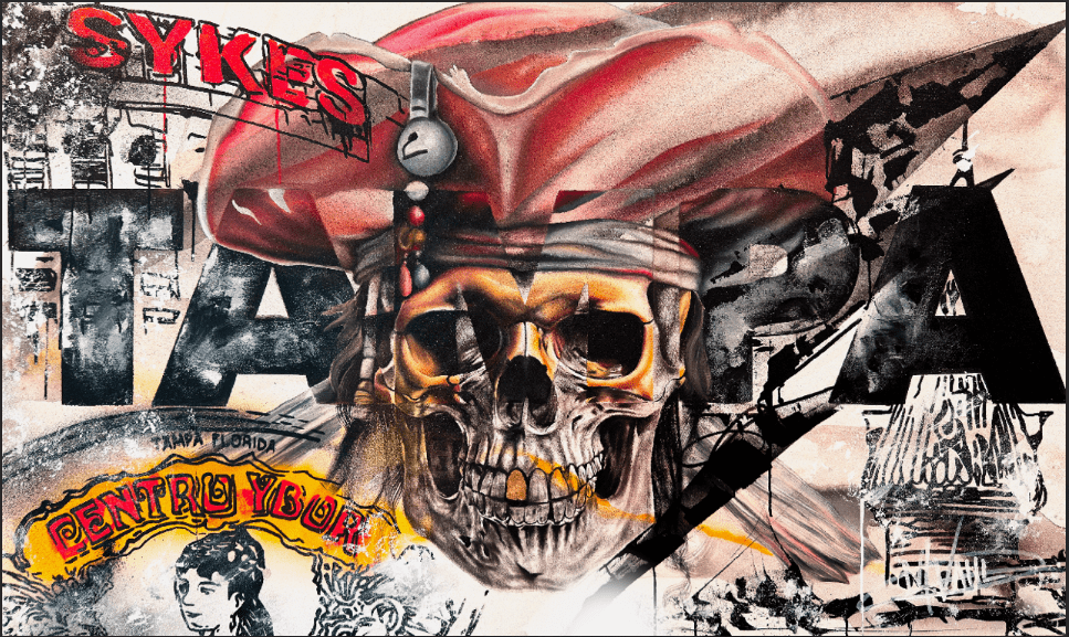 Embellished print by Michael Vahl featuring a pirate skull, the word TAMPA, and a Centro Ybor banner 