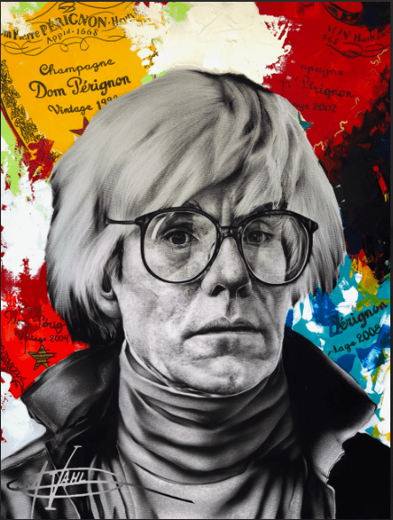 Black and white portrait of Andy Warhol against a vibrant background of paint splatters and Dom Pérignon labels 