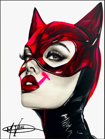 Stylized portrait of a woman wearing a red cat-eared mask with a pink smiley face painted over her lips by Michael Vahl 